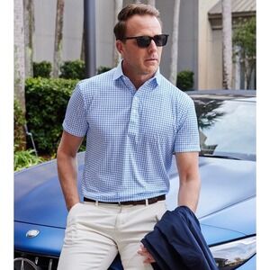 Collars & Co Mens Size 4XL Dress Collar Polo Blue Tattersall Performance‎ NEW